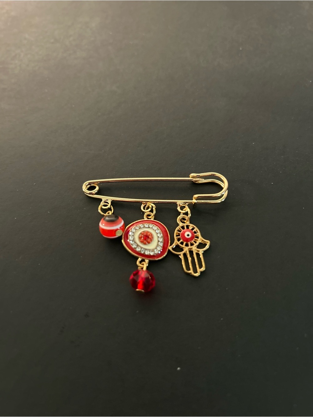 Gold-Tone Red Hamsa & Evil Eye Safety Pin Brooch